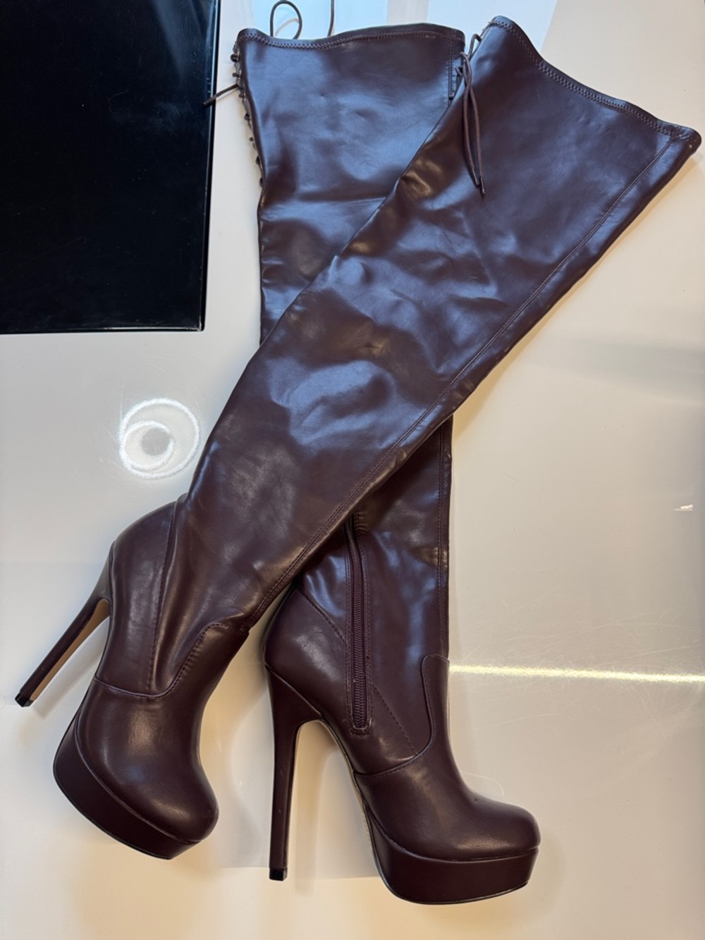 Shoe Dazzle Over-the-Knee Platform Stiletto Boots Dark redish brown